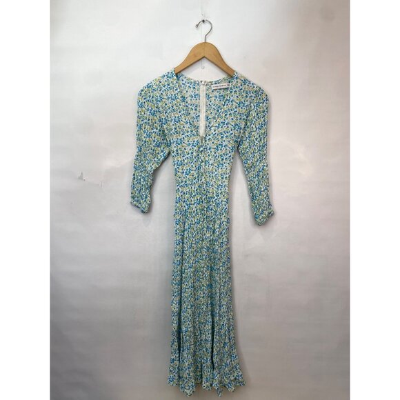 Faithfull the Brand Maud Midi Dress Tilde Floral Blue Green Rayon Crepe Size 2 - Picture 2 of 8